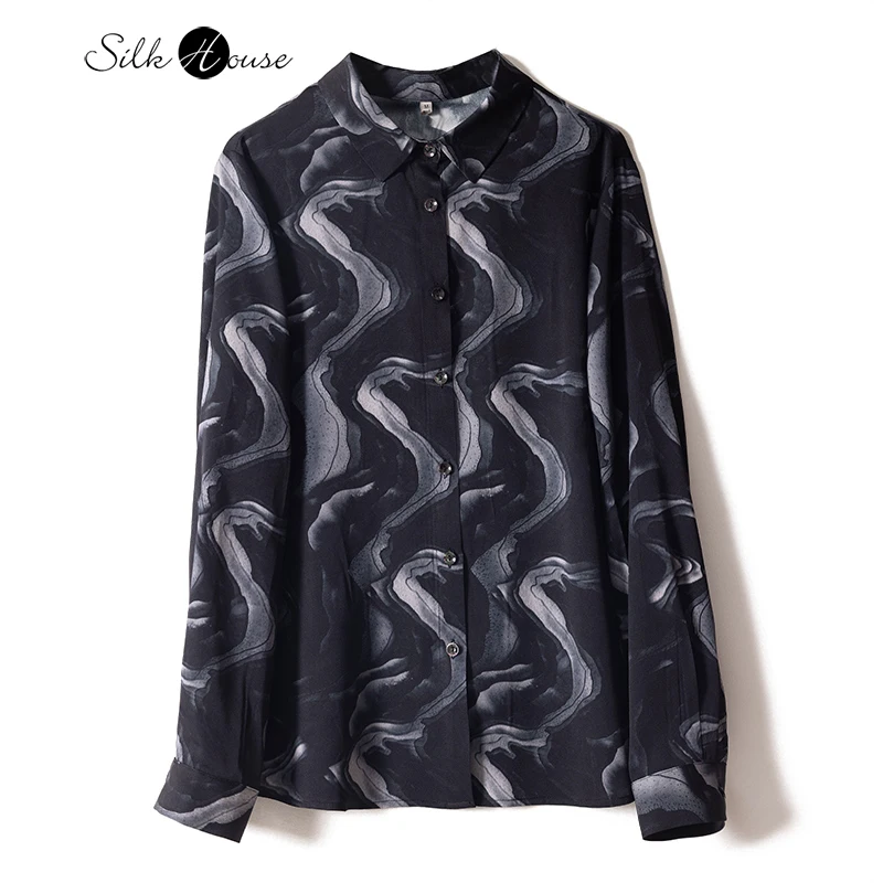 

2023 Autumn New New Chinese Style Black Bottom Water Wave Pattern Double Qiao Satin Long Sleeve Commuter Shirt for Women