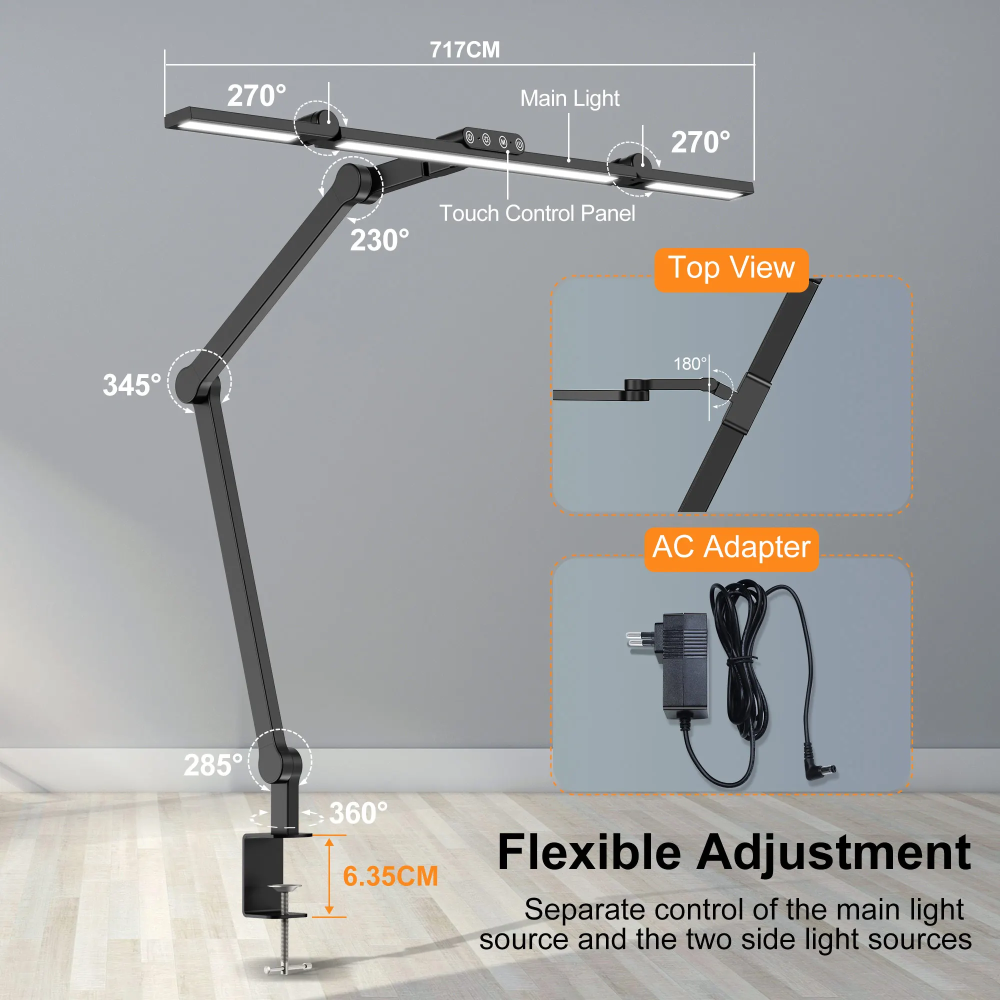 Aiopp LED-Schreibtischlampe mit breiter Beleuchtung und 3 Klammern, Augenschutz, dimmbar, Timer-Funktion, flexibler, verstellbarer Metallarm, Clip-Licht für Dual-Monitor, Home-Office, Designer-Arbeitsplatz – Detail 2
