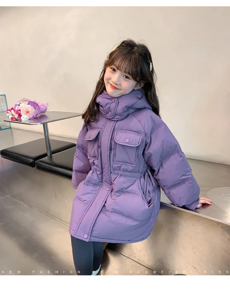 Winter Warm Girls Cotton Long Plain Hooded Zip Drawstring Puff Jackets School Kids Thick Coats Child Outfits Windbreaker 5-16 Yr