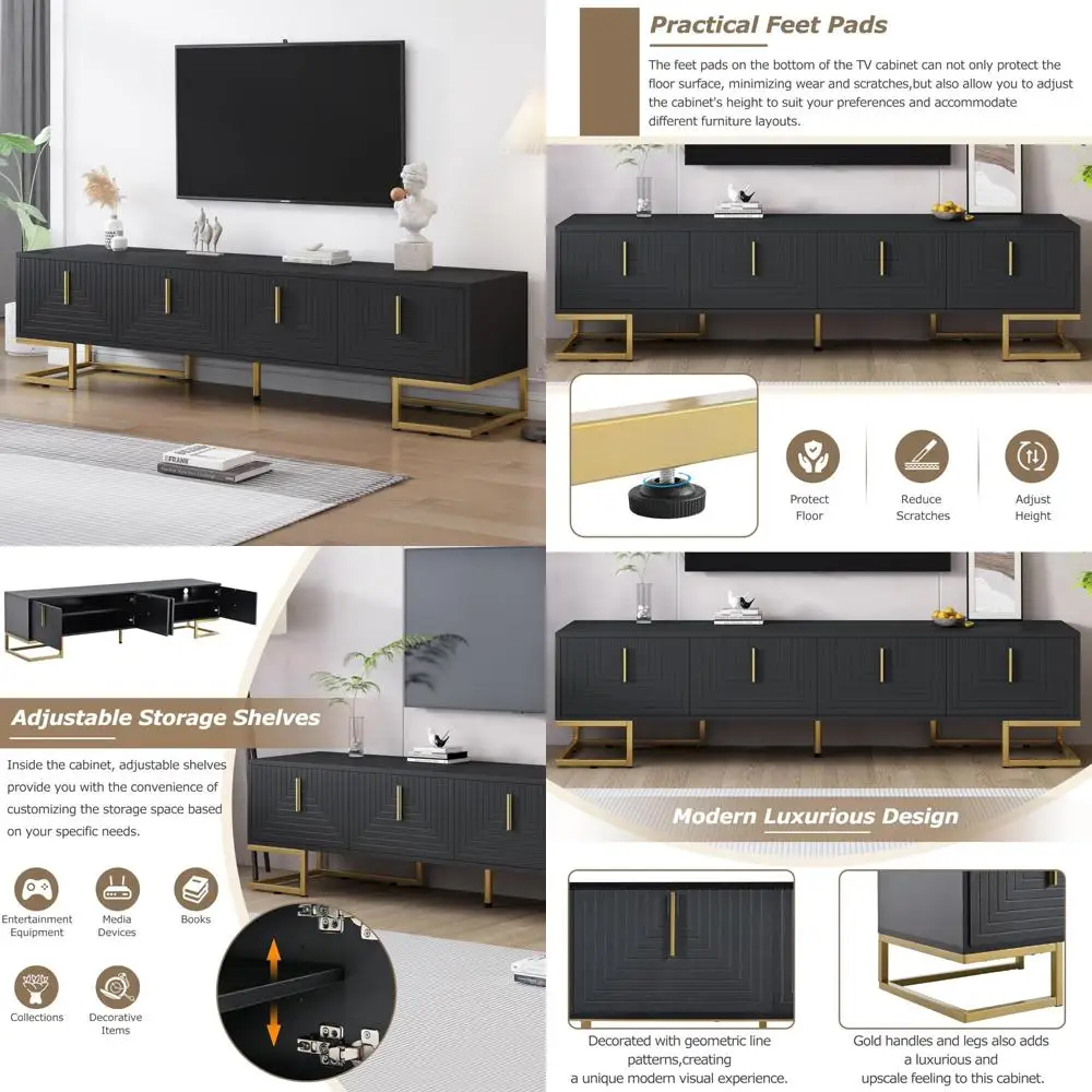 on-trend modern tv stand with metal legs and gold handles for tvs up to 80'', media console table with cabinets and adjustable s