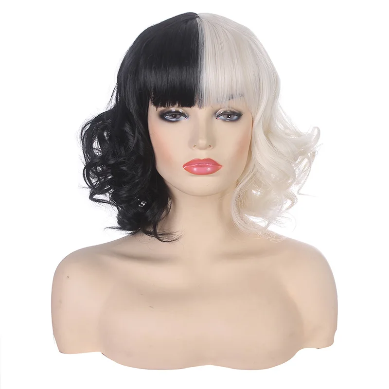 Cruella de Vil Cosplay Wig Black White Short Hair Movie Performance Halloween Props For Women COS Disfraz Party Festival Sexy