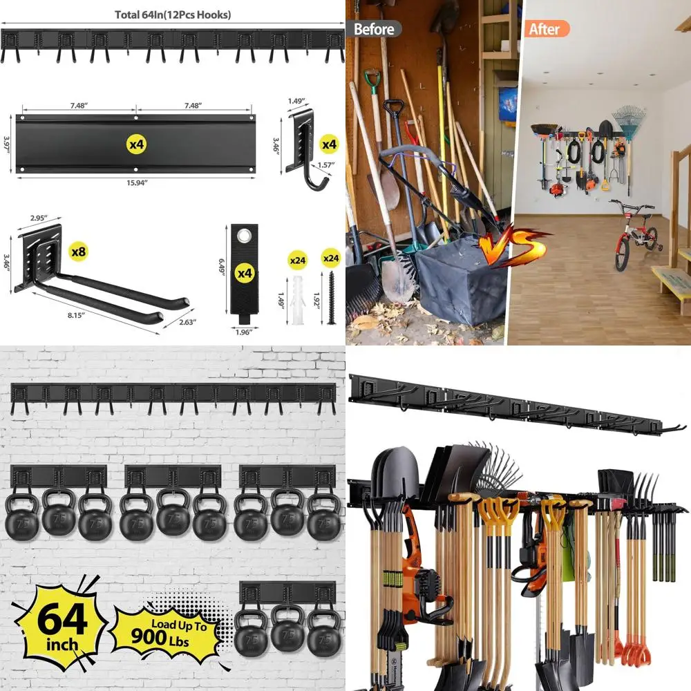 

64 Wall-Mounted Adjustable Garden Tool Rack, 20-Pocket Heavy-Duty Organizer for Yard Tools, Holds Up to 900lbs