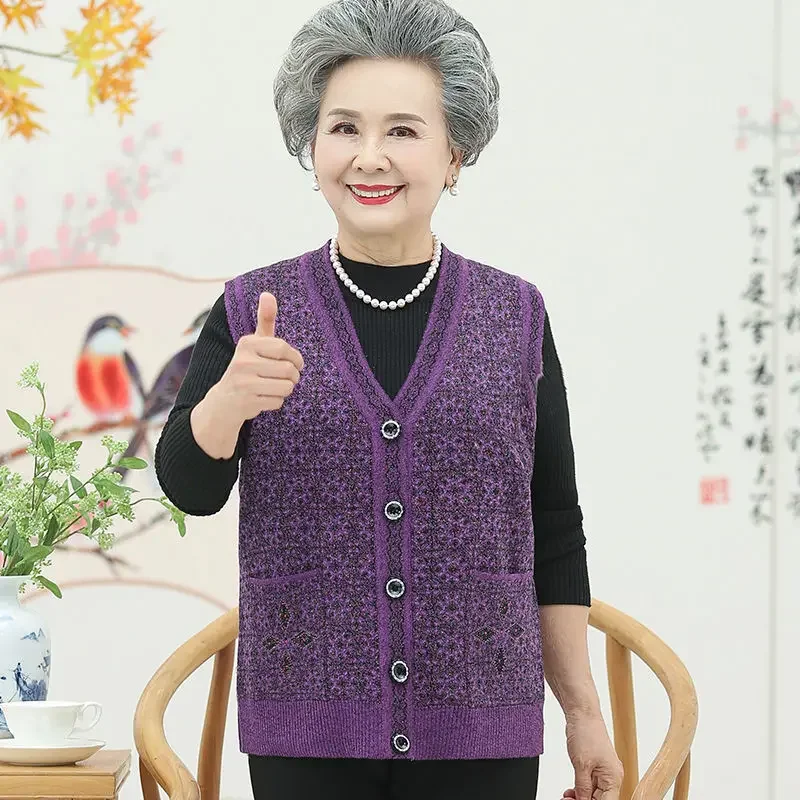 

Middle-Aged Elderly Women Clothing Spring Autumn Casual Knitted Mother Vest Female Fashion Printed Grandma Fleece Waistcoat C49