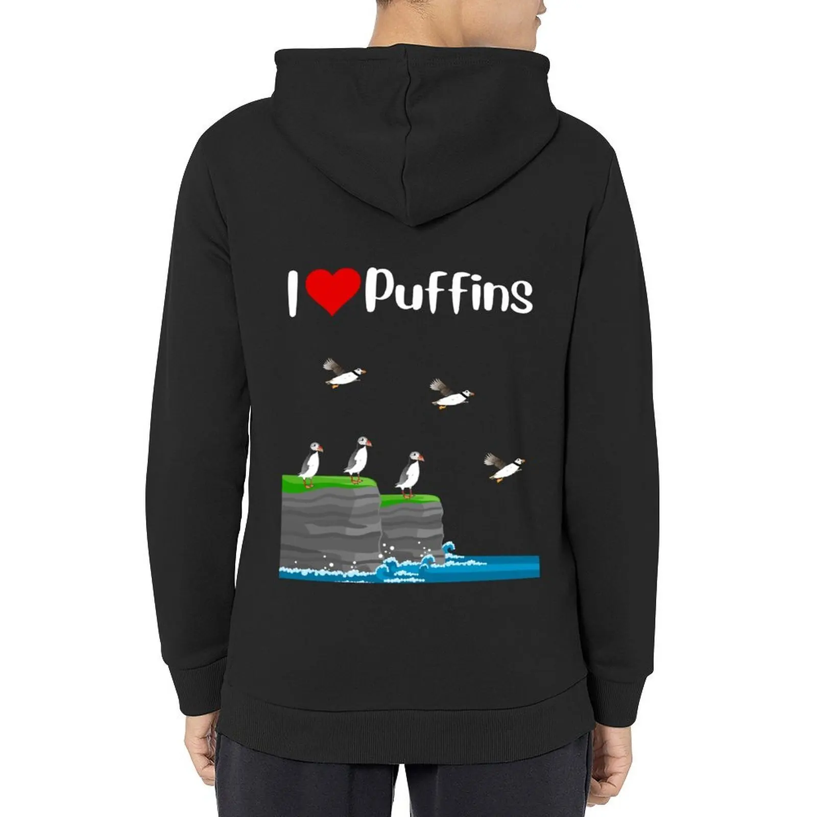 

I love puffins Puffin colony on high sea cliff puffin lover Hoodie men's coat japanese style men hoodie