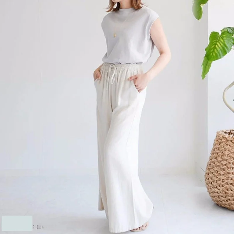 Trendy High Waist Wide Leg Pants Women's Casual Linen Autumn plus Size Versatile  Color Pants Japanese Sweet Sle