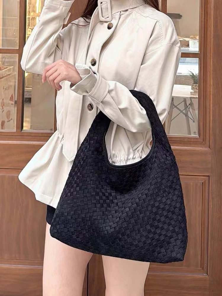 Casual Suede Leather Woven Tote Bag Large Capacity Commuter Bag Single Shoulder Handbag Simple Leisure Match All Big Bag