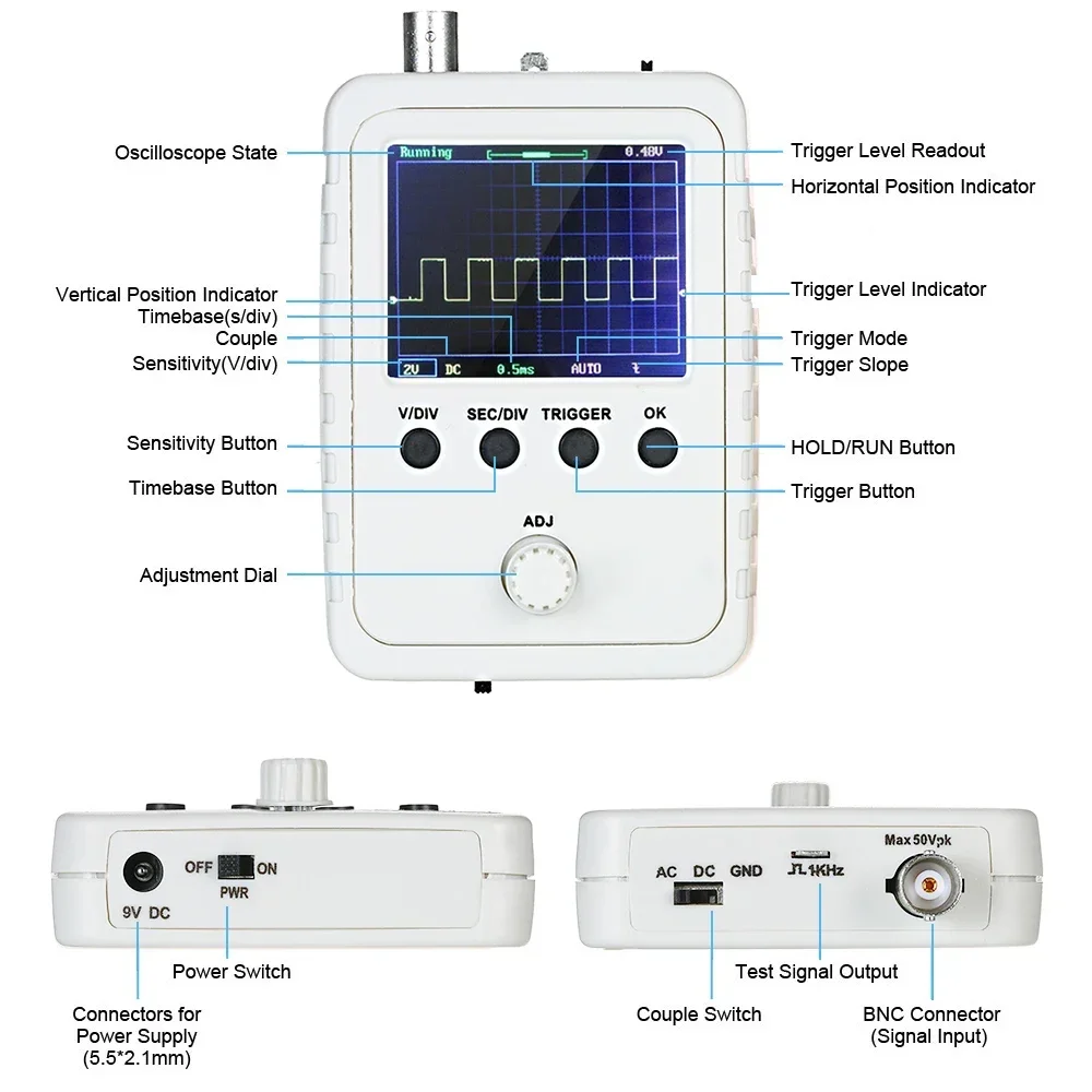 -2.4-inch TFT Digital Oscilloscope Kit With Power Adapter And BNC-Clip Cable Probe (Assembled Finished Machine)
