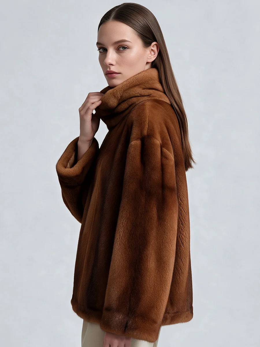 Women Brown Faux Mink Fur Coat Turtleneck Loose Oversized Warm Winter Plush Jacket