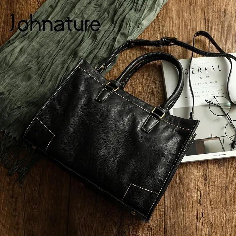 Johnature 2024 New Genuine Leather Large Handbag Women Bag Natural Soft Cowhide Casual Tote Solid Color Simple Shoulder Bags