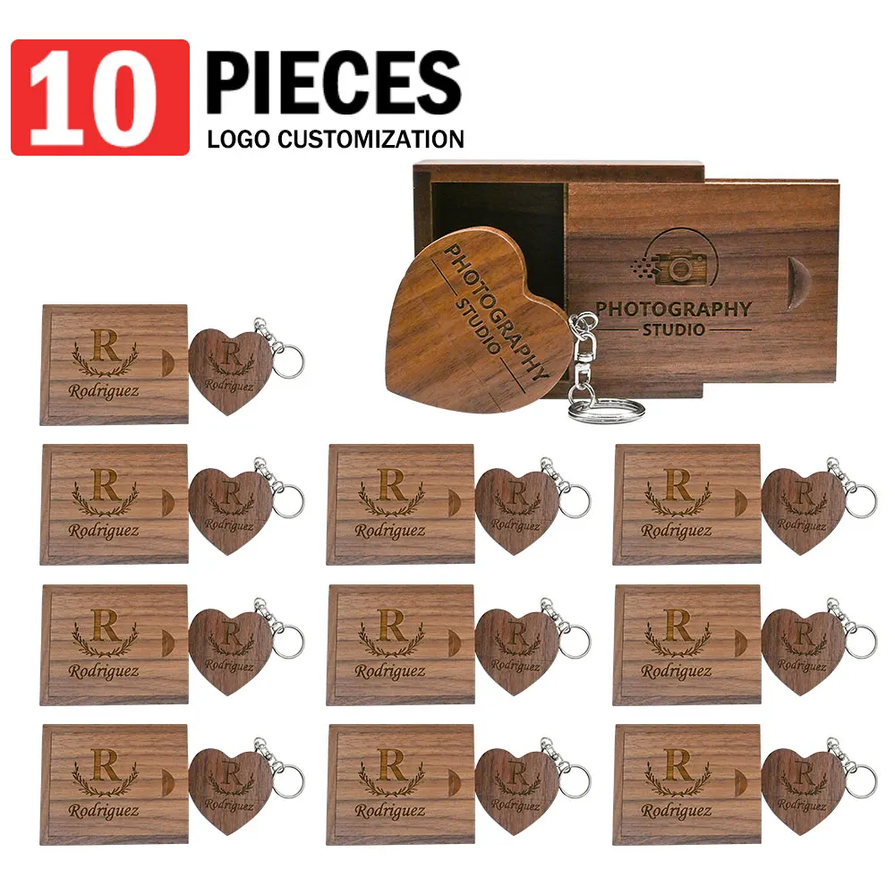 10 Pieces Wooden Heart Shape Pendrive Free Custom Logo USB Flash Drive Wedding Gift Box Pen Drive with Keychain for Computers
