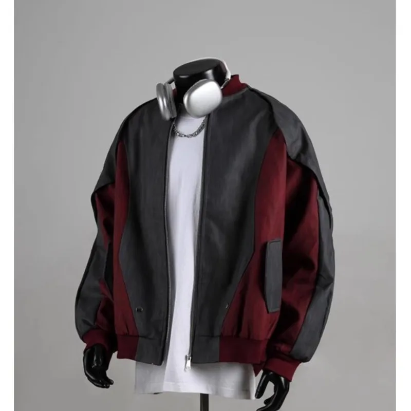 

American PU Leather Spliced Men's Baseball Jacket, Color Block Punk Style Men Jackets, Spring Autumn Bomber Coat For Man