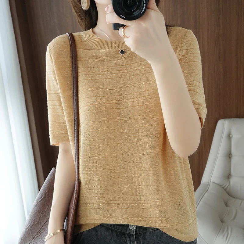 100% cotton round neck thin loose breathable pullover short sleeve 2023 summer new women's casual knitting half sleeve top T-shi