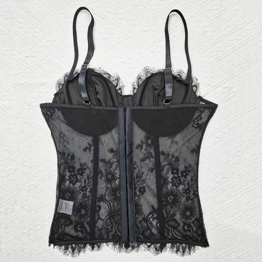 أزياء عظم السمك ملفوفة الدانتيل بروتيل الظهر الصدر مشبك جوفاء المحاصيل قمم شفافة سليم صالح الدانتيل مشد الربيع الصيف