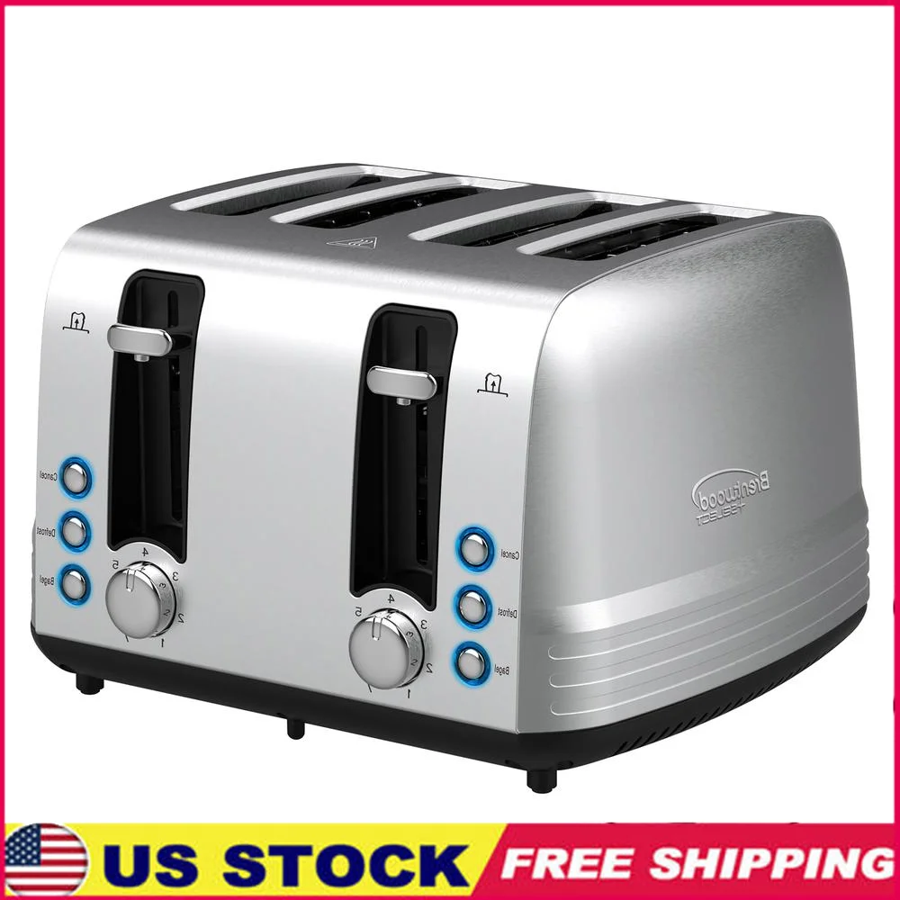 

1500W Stainless Steel 4 Slice Toaster Extra Wide Slots Bagel Defrost Cancel 7 Shade Settings Removable Crumb Tray Extra Lift