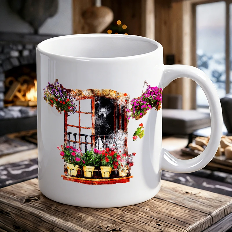 

Watercolor windowsill floral art ceramic cup, coffee cup, milk cup, office tea cup, drinking cup, does not fade, gift for friend