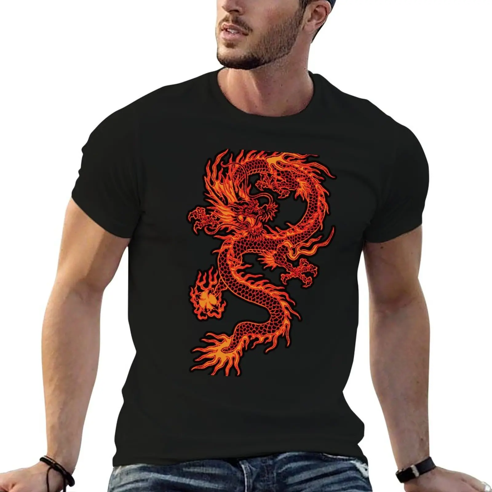 Mythical Asian Fire Dragon-Red and Orange Dragon Tattoo T-Shirt cheap stuff tshirts personalised Short sleeve tee men