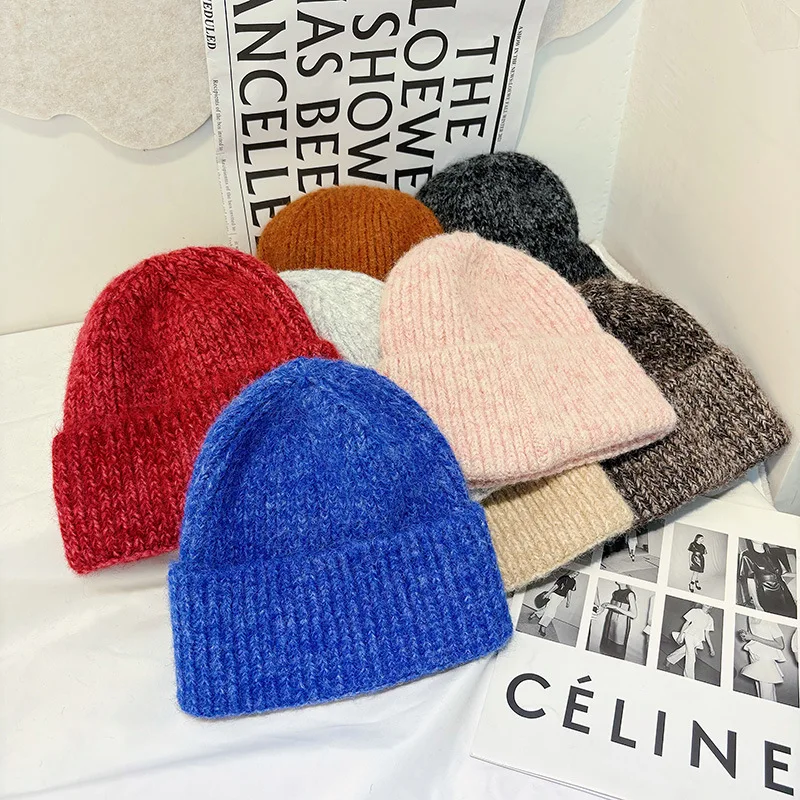 New High brand Winter Solid plain beanie hat Women casual Curled knit hat Thick warm Rabbit fur Skullies cap Gorras Beanies Cap