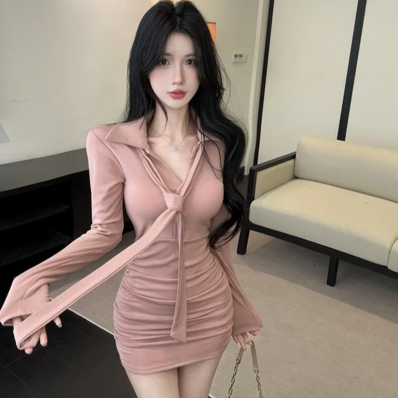 퓨어 디자이어 섹시 브이넥 플리츠 디자인 허리 조임 스커트 드레스 하이웨이스트 플로잉 출퇴근룩 한국 스타일