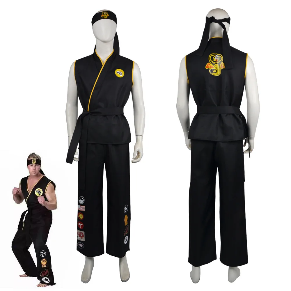 Karate KOF Cobra Kai Cosplay Costume Aldult Black White Kimono Uniform Headband Anime Halloween Party Suit Tracksuit