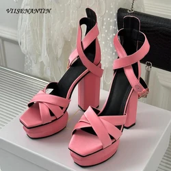 Chunky High Heel Platform Summer Sandal Shoes Silk Satin Real Leather Top End Quality Chic Party Banquet Shoes Designer Heels