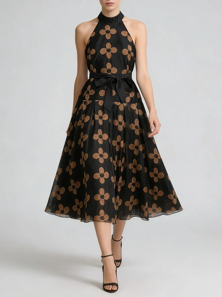 TWOTWINSTYLE Hit Kleurendruk Sheer Spliced Mesh Mode Jurken voor Vrouwen O Hals Mouwloos Patchwork Lace Up Jurk Vrouwelijke