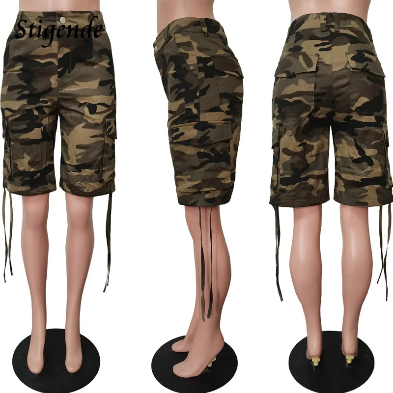 Stigende Summer Camouflage Cargo Shorts Women Casual Bandage Pocket Shorts Ladies Slim Fit Lace Up Button Shorts Streetwear