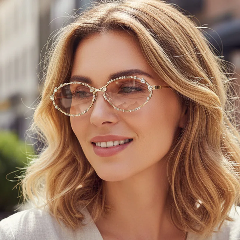 Neue Luxus-Diamant-Sonnenbrille für Damen und Herren, Ovale Strass-Sonnenbrille, Trendige Personalisierte Metallrahmen-Fahrbrille – Detail 6