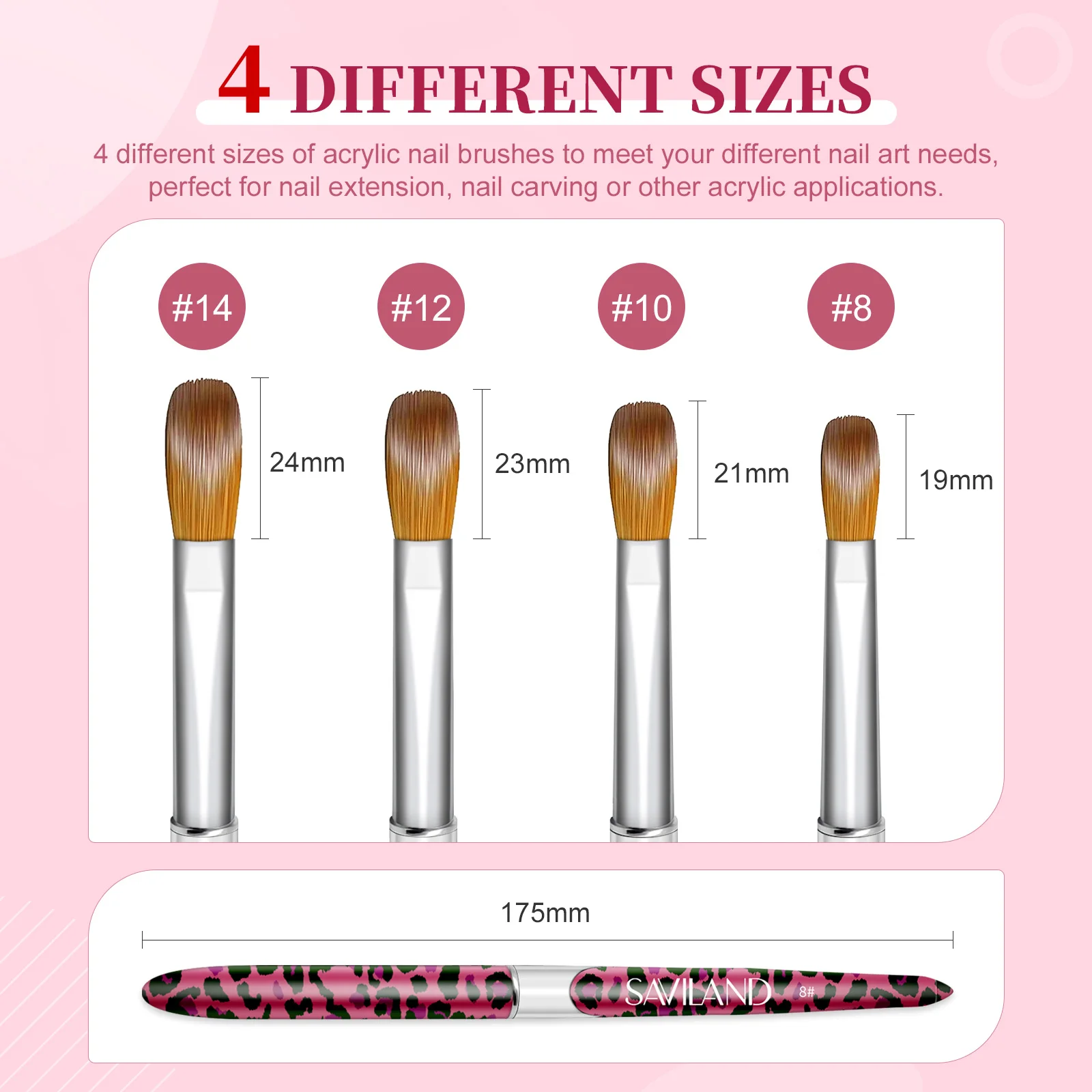 SAVILAND 4 قطعة Kolinsky مجموعة فرشاة أظافر الأكريليك أحجام احترافية 8 10 12 14 لمسحوق الأكريليك ثلاثية الأبعاد صالون تجميل الأظافر للاستخدام المنزلي