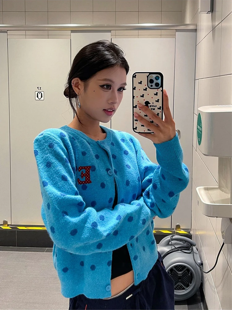 Cárdigan de lunares azules para mujer, suéter coreano bonito y dulce, Tops de punto, abrigo, prendas de punto de nueva moda de otoño 2025