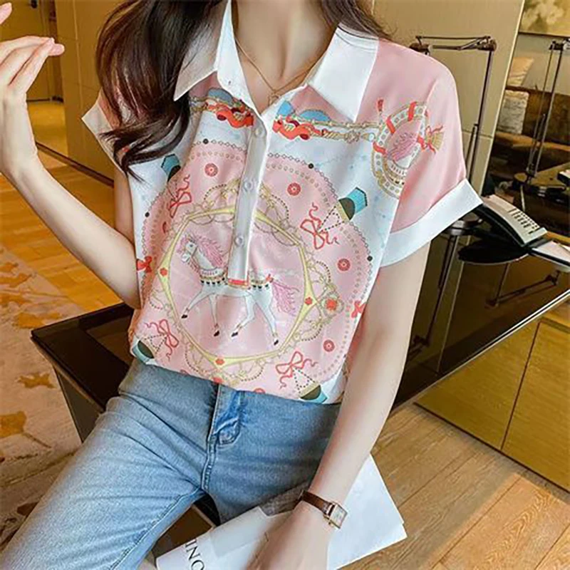 Fashion Lapel Printed Cartoon Chiffon Blouses Female Clothing 2024 Summer New Loose Sweet Short Sleeve Tops Office Lady Shirts