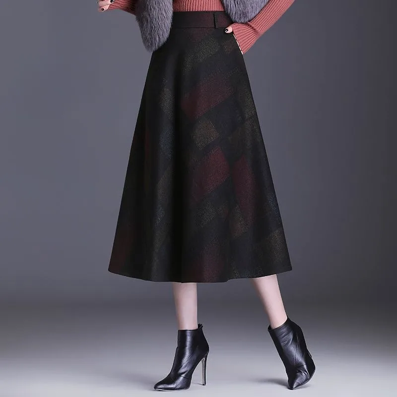 チェック柄スカート Aラインスカート レディース秋冬プリーツスカート 新しい気質スカート 赤い傘スカート