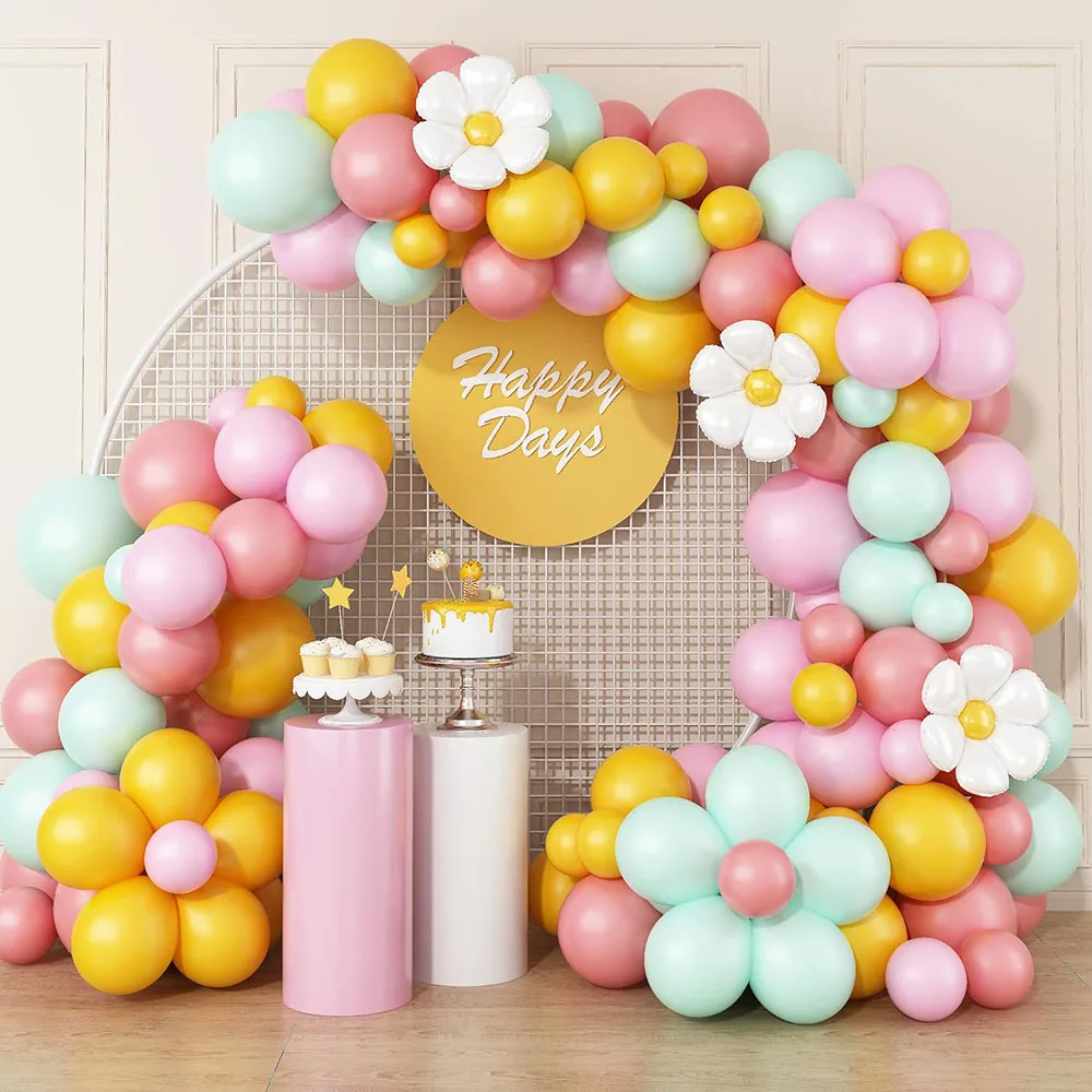 Daisy Balloon Garland Arch Set, Retro Yellow Pink Green Hippie Bohemian Balloon Garland Daisy Flower Balloon Birthday Baby Shower Bride Wedding Fashionable Daisy Party Decoration