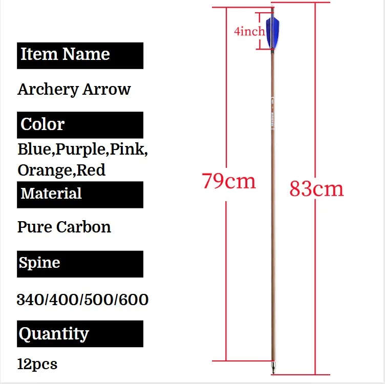 SP 340/400/500/600 31 "arbre de flèches en carbone 12 pièces flèche de tir à l'arc 4" plume de dinde 100Gr conseils arc cible de tir de chasse en plein air