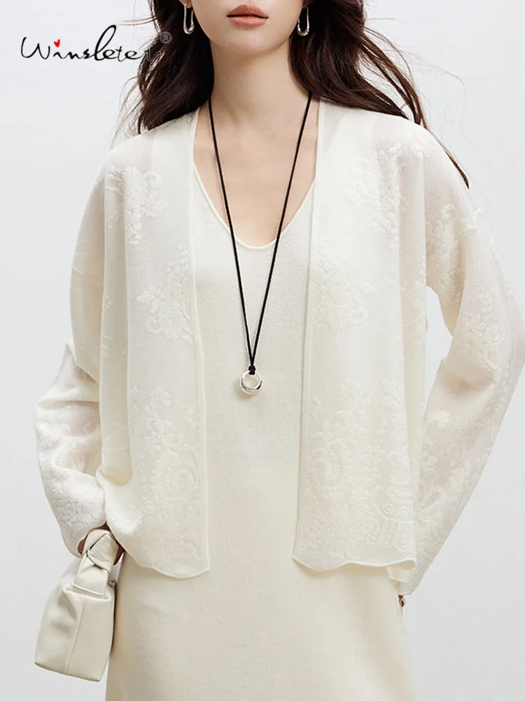 

Winsleter-28.8%Sheep Wool 3%Silk Elegant Sweater, Women Long Sleeve Jacquard, Versatile OL Knit Cardigan, 2025 Autumn T58539CC