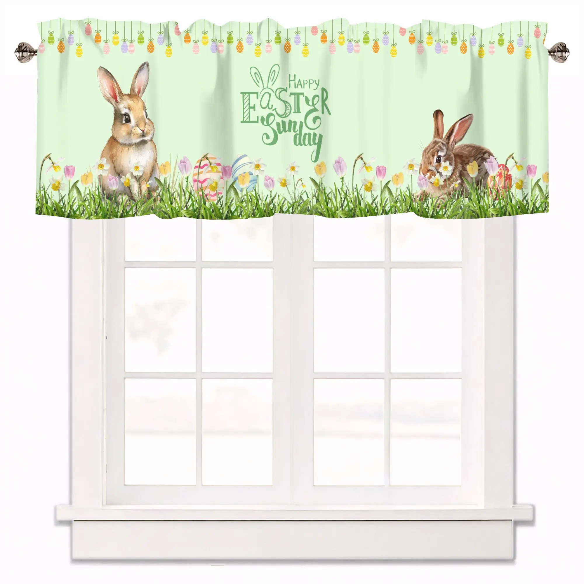 Green Easter Bunny Window Valances for Kitchen, Farmhouse Easter Short Curtains Rod Pocket Bedroom Bathroom Decor