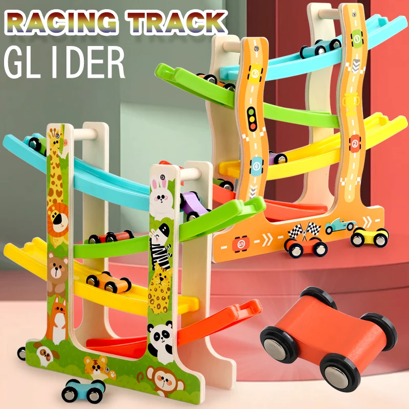 Wooden Animal Model Track Glider Set - 4 Tier Car Ramp Kids Toys Fun Traffic And Animal Themed Games Fun Track Car Puzzle Toys