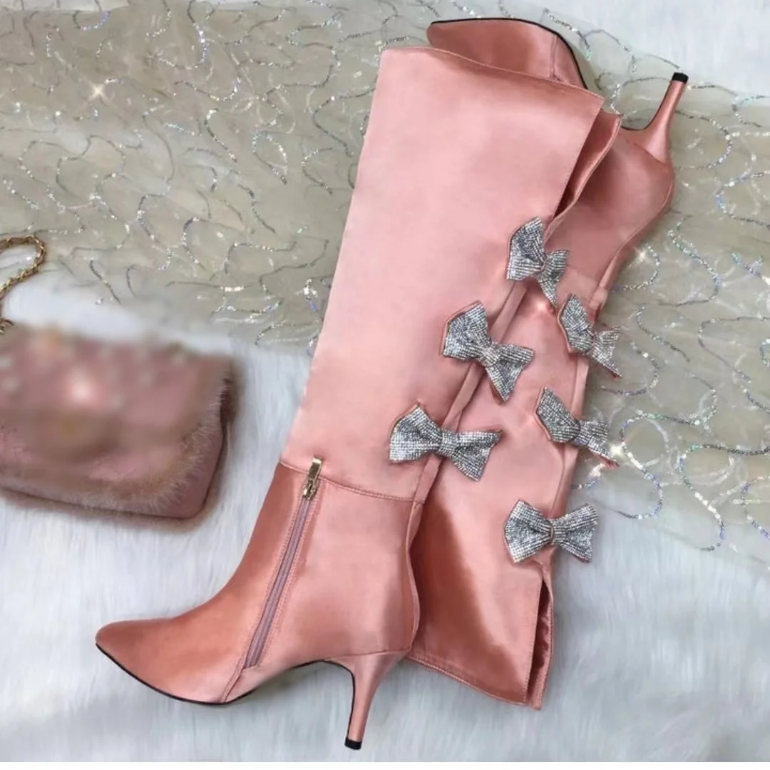 

Pink Bow Knot Zipper Boots Thin High Heel Pointed Toe Sexy Cool Fashionable Winter Casual Big Size Woman Shoes Zapatillas Mujer