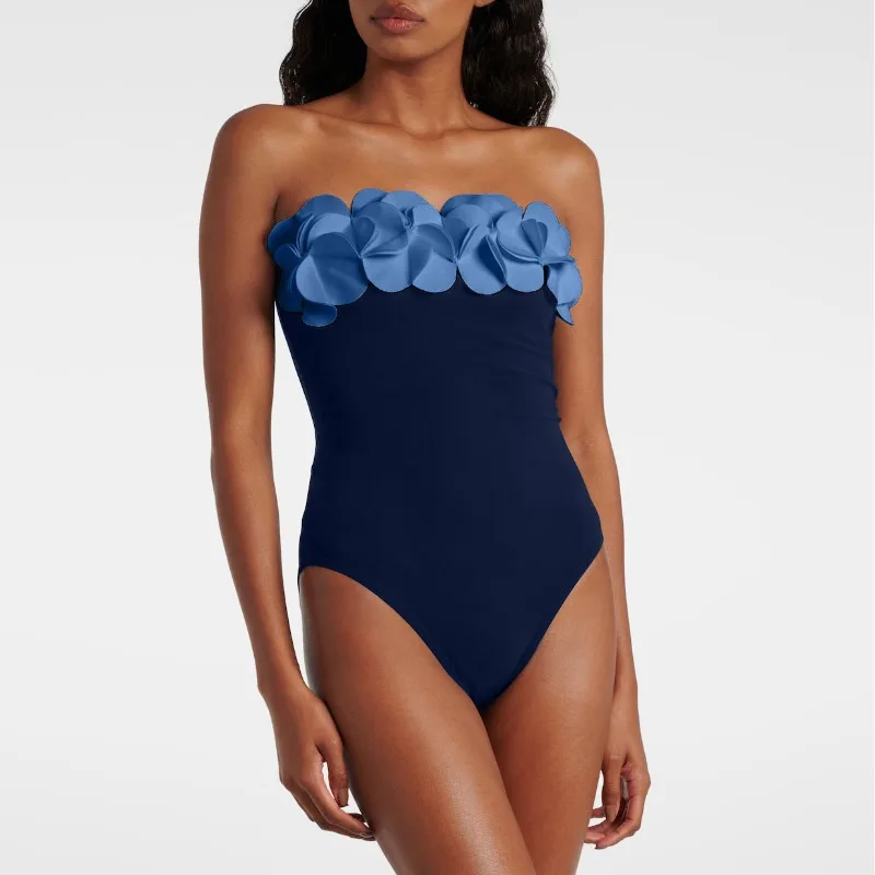One Piece Swimsuit For Women European And American Swimwear D Flower Tube Top Navy Blue One-piece Swimsuit Suit Women