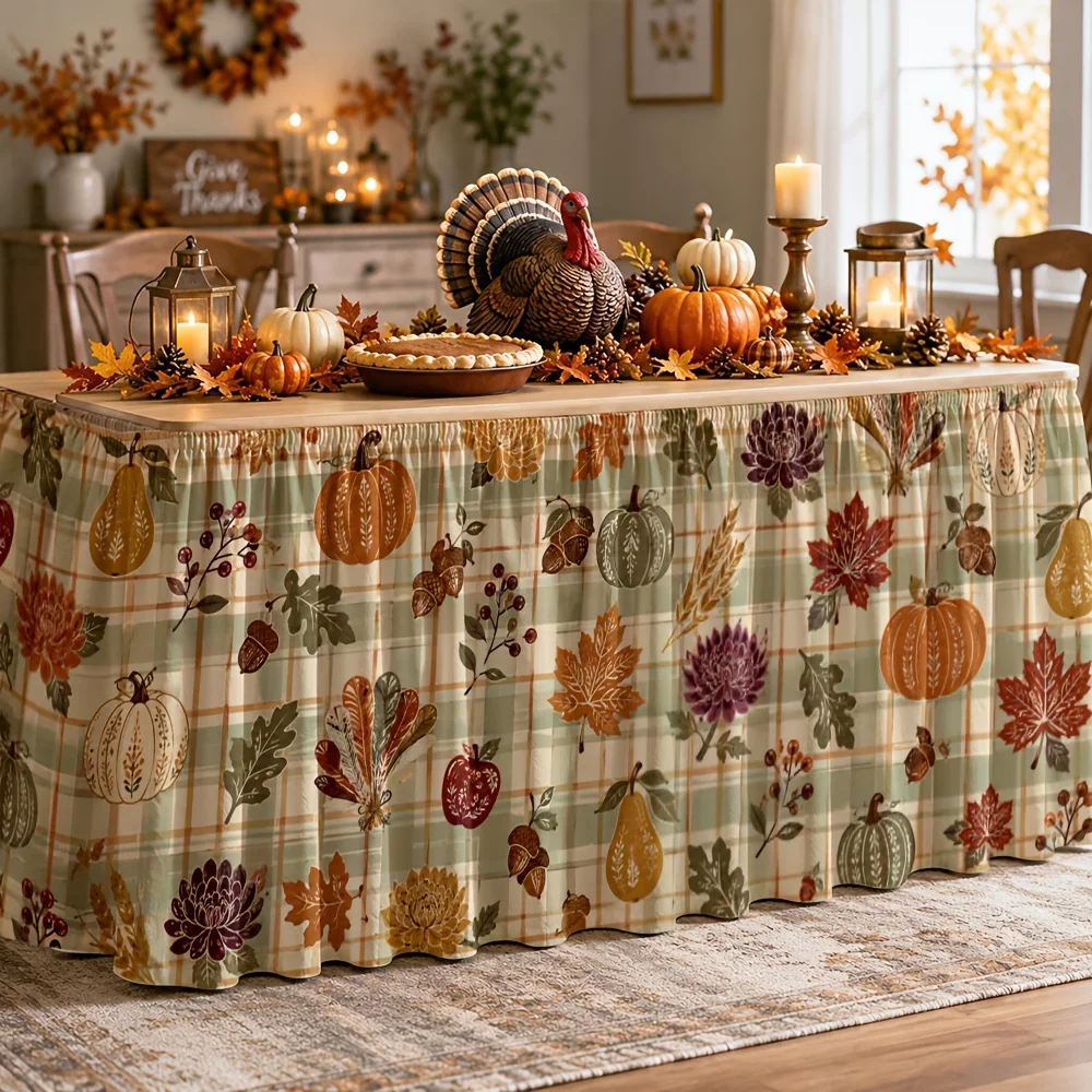 Table skirt / tableskirt - Autumn Harvest Theme - Checkered background - Pumpkin, maple leaf, corn patterns