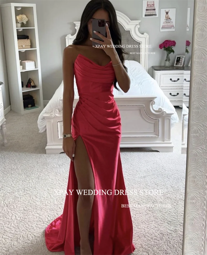 XPAY Sexy Strapless Blush Pink Prom Dresses Long Pleats Split Mermaid Lavender Evening Gowns Formal Party Vestidos De fiesta