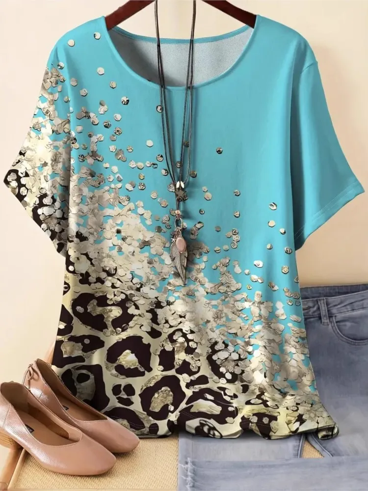 

Spring Summer New Women's Clothing Elegant Casual Round Neck Fashionable Printed Short Sleeved Top T-shirt