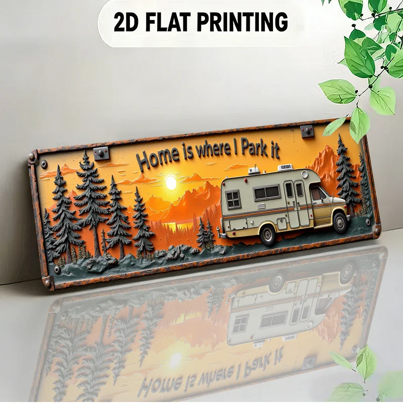 2D Flat Vintage Camper Van Aluminum Sign Pine Tree Sunset Scenic Wall Decor for Travel Lovers