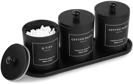 

Набор из 3 черных держателей для ватных палочек - Органайзер для ванной комнаты с поддоном - Стеклянные банки с крышками - Диспенсер для ватных палочек