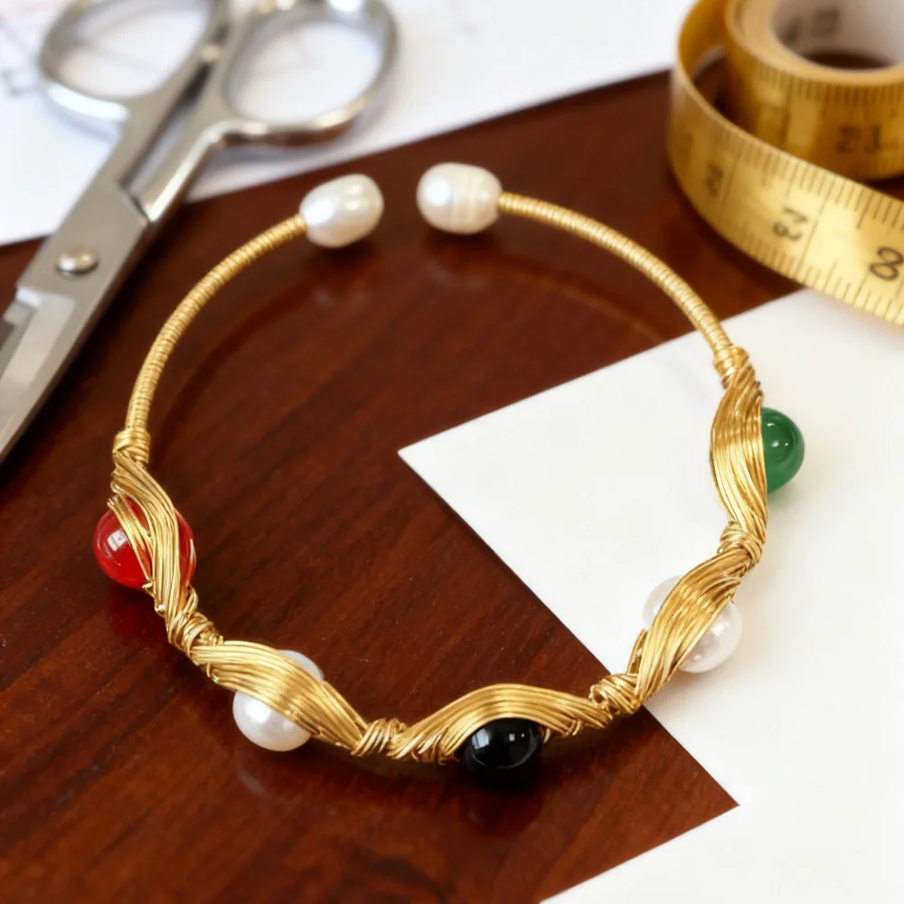 

Hengsheng AAA Quality Freshwater Pearl Bangle Black Red Green Agates Adjustable Gold Color Bangle 2025 New Arrivals
