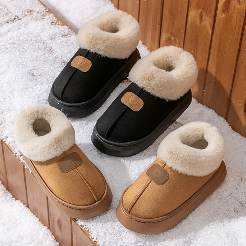 

Fashion Fluffy Platform Soft Sole Slippers for Women Plush Warm Cotton Shoes Comfortable Non-Slip Winter Unisex Home Slipper