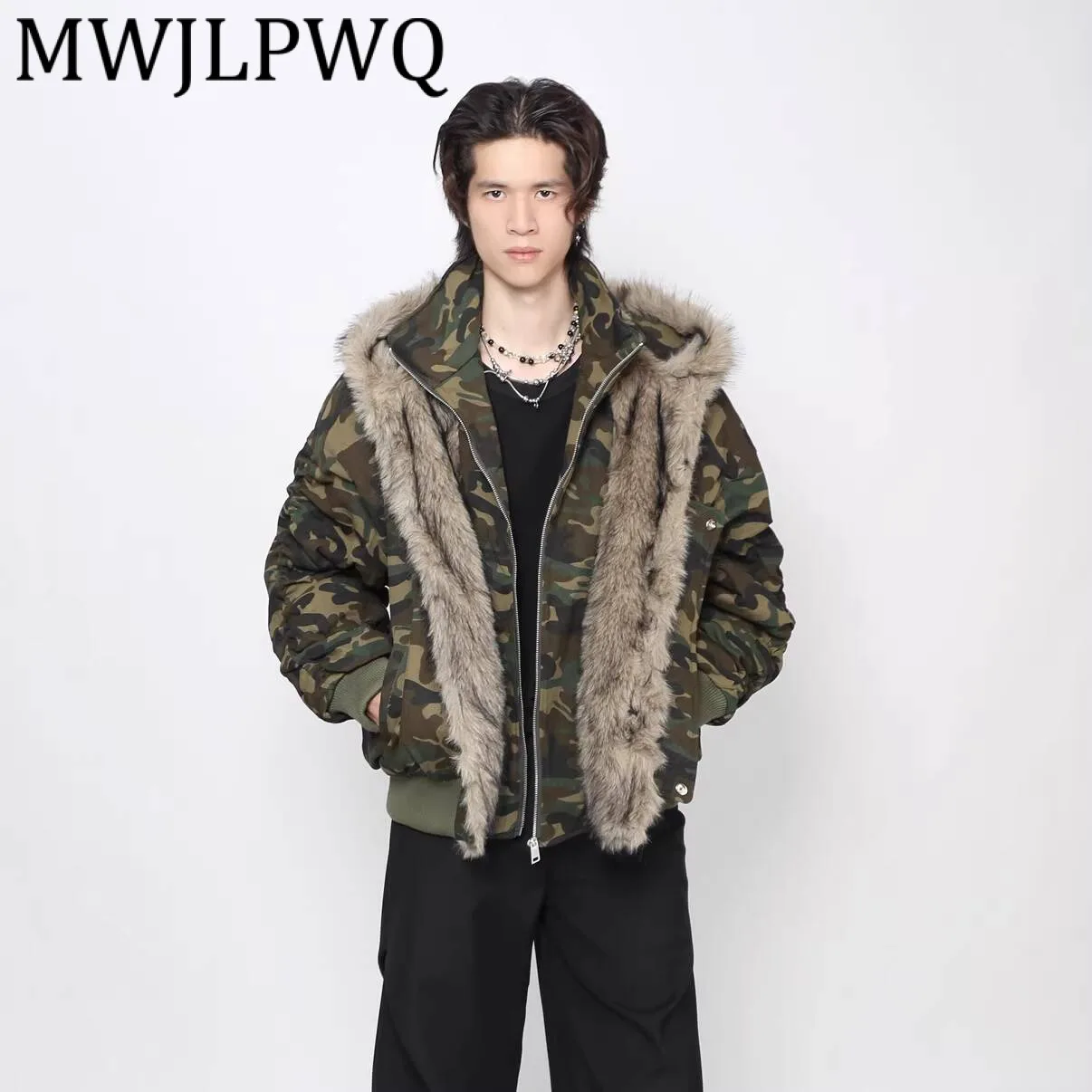 

MWJLPWQ American Street Camouflage Fur Collar Fake Two-Piece Hooded Cotton Jacket Men's Winter Warm Couple Coat Trendy 21848