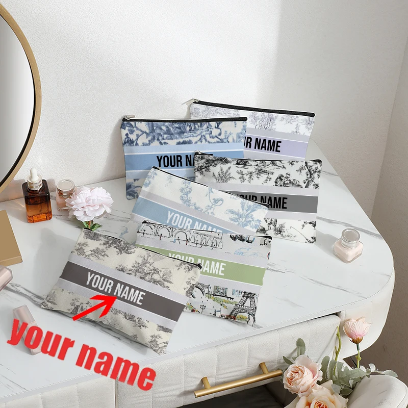 

Customized French Toile De Jouy Village Eiffel Tower Pattern Makeup Cosmetic Bag Personalized Wedding Purse Bridesmaid Pouch