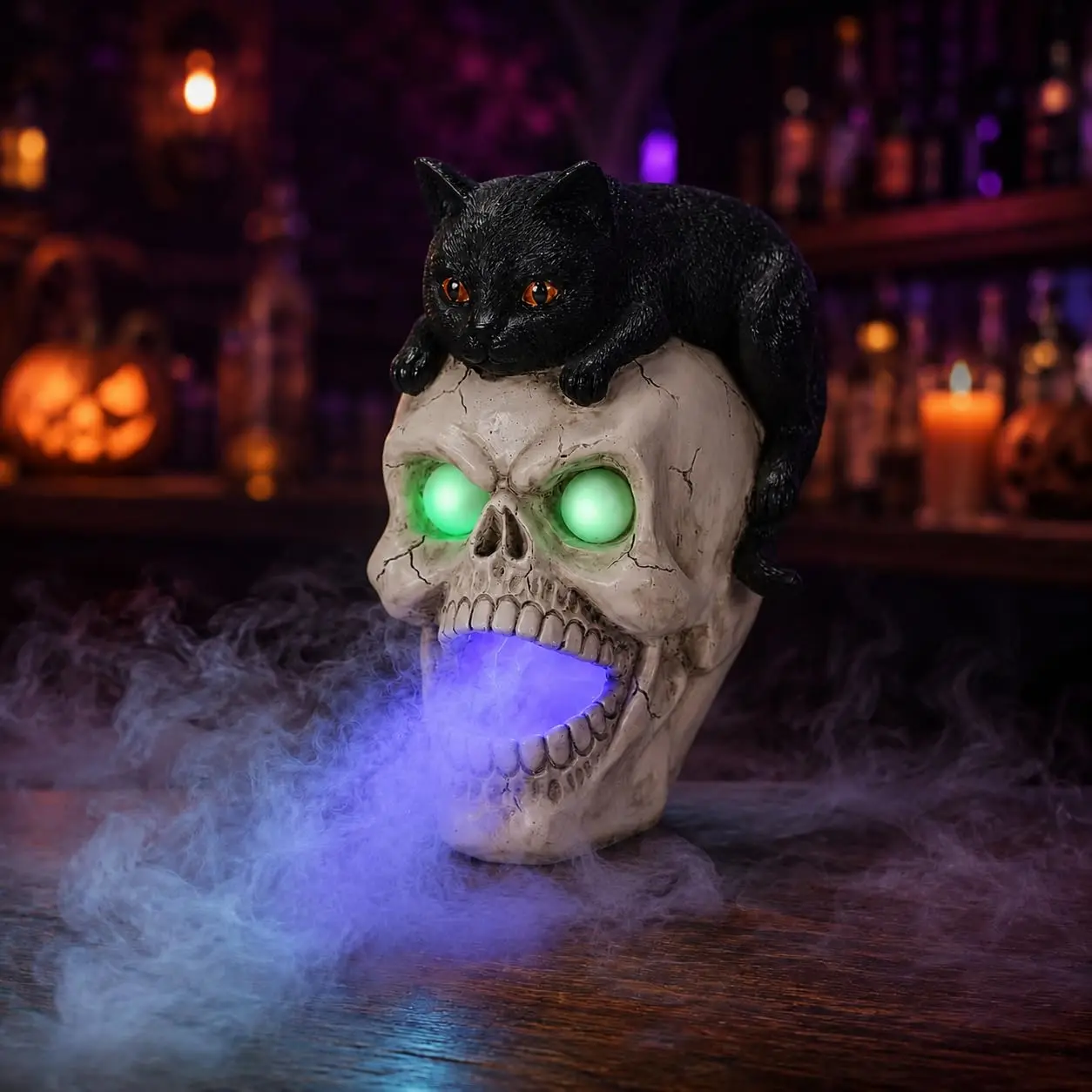 Halloween Skull Cat Mist Maker with Glowing Eyes and Fog Effect