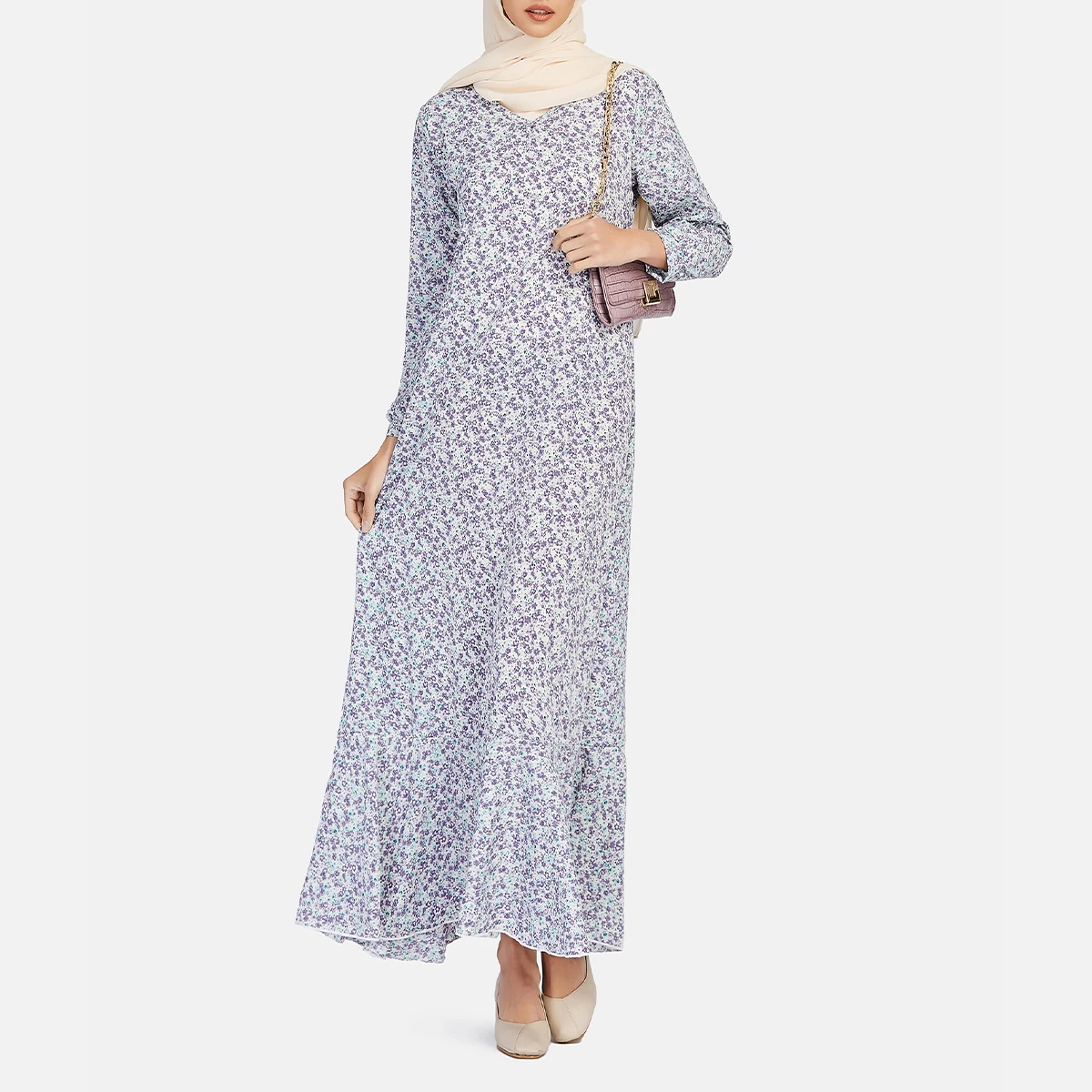 Summer Spring Floral Dress Long Sleeve Islamic Chiffon Abaya Muslim Women Clothing African Dresses for Lady Beach Vestidos