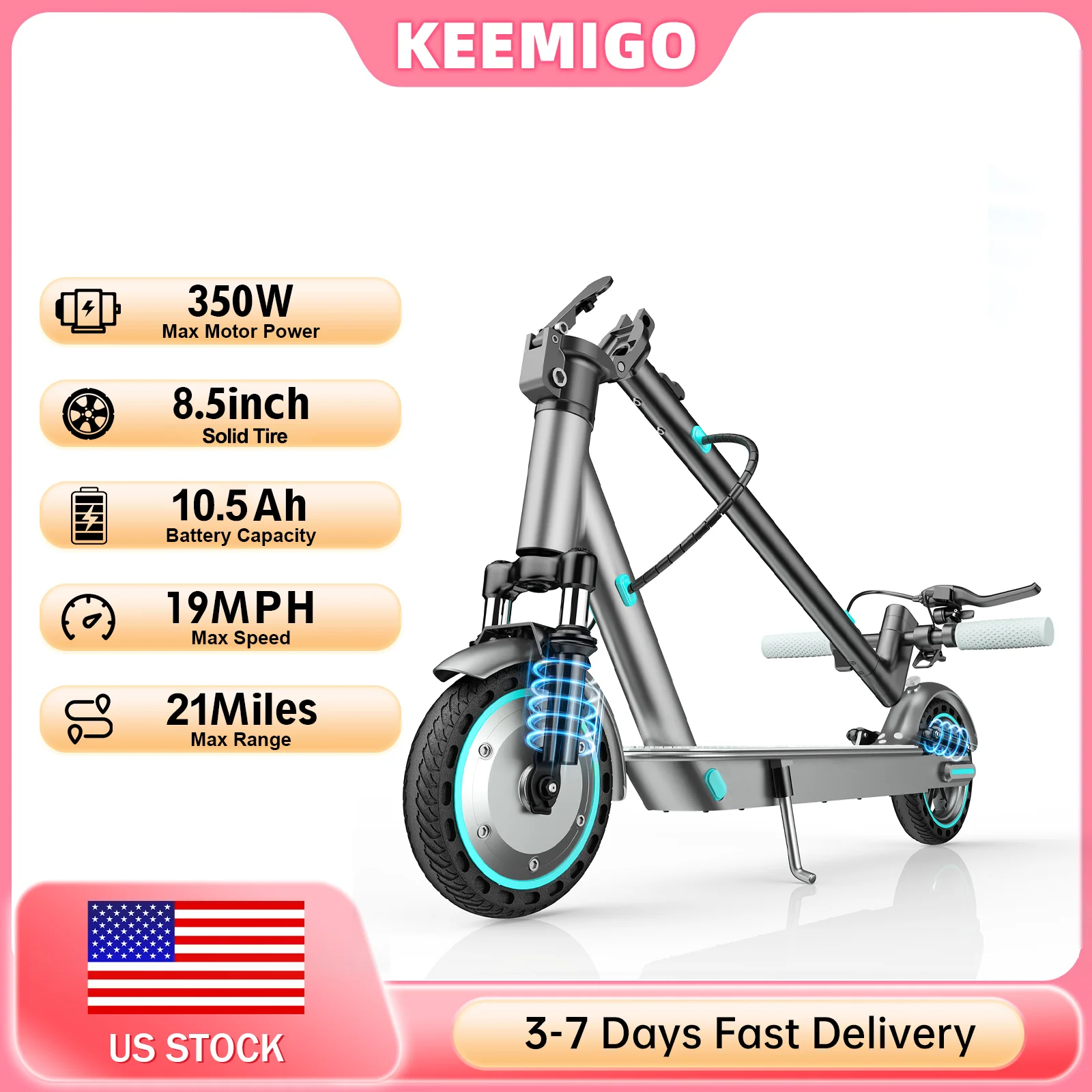 

Электросамокат Keemigo 350W с мотором, складной, для взрослых, с передней и задней амортизацией, аккумулятор 36V 10.5AH, запас хода 21 миля
